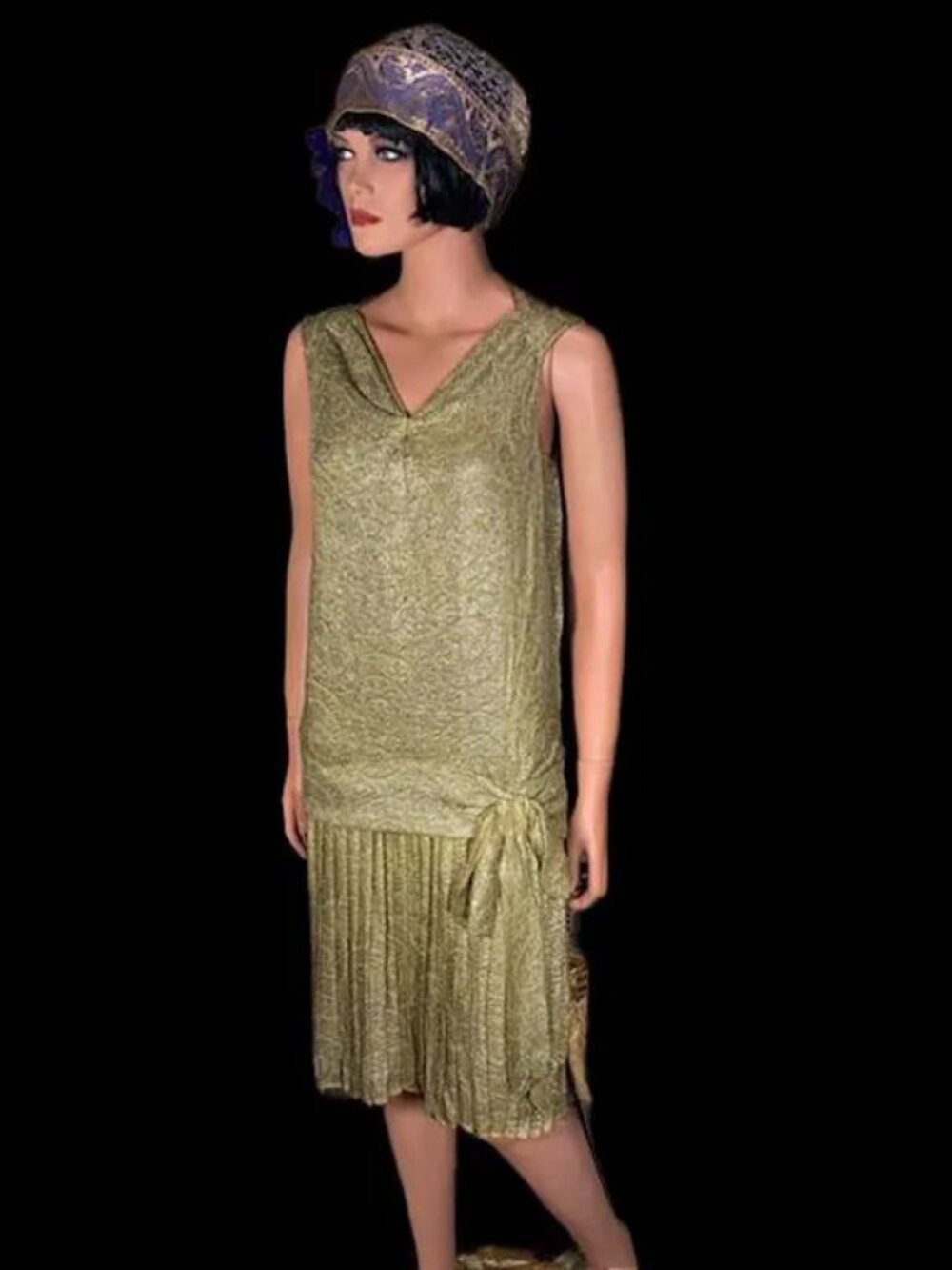 1920s Art Deco Flapper Designer Green/Silver Lame Metallic Dress